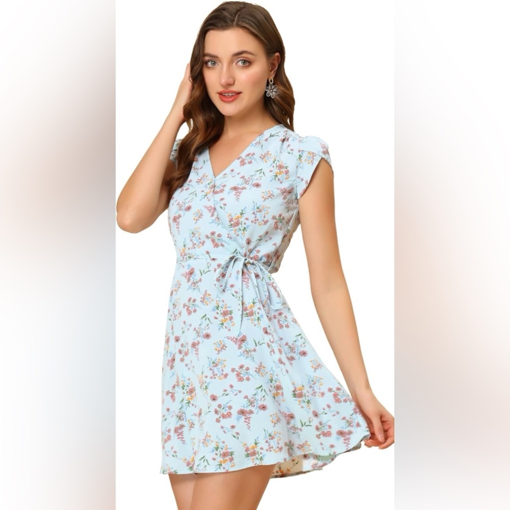 Allegra K Womens Boho Crossover V-Neck~Petal Sleeves~Belted Floral Flowy Dress~M